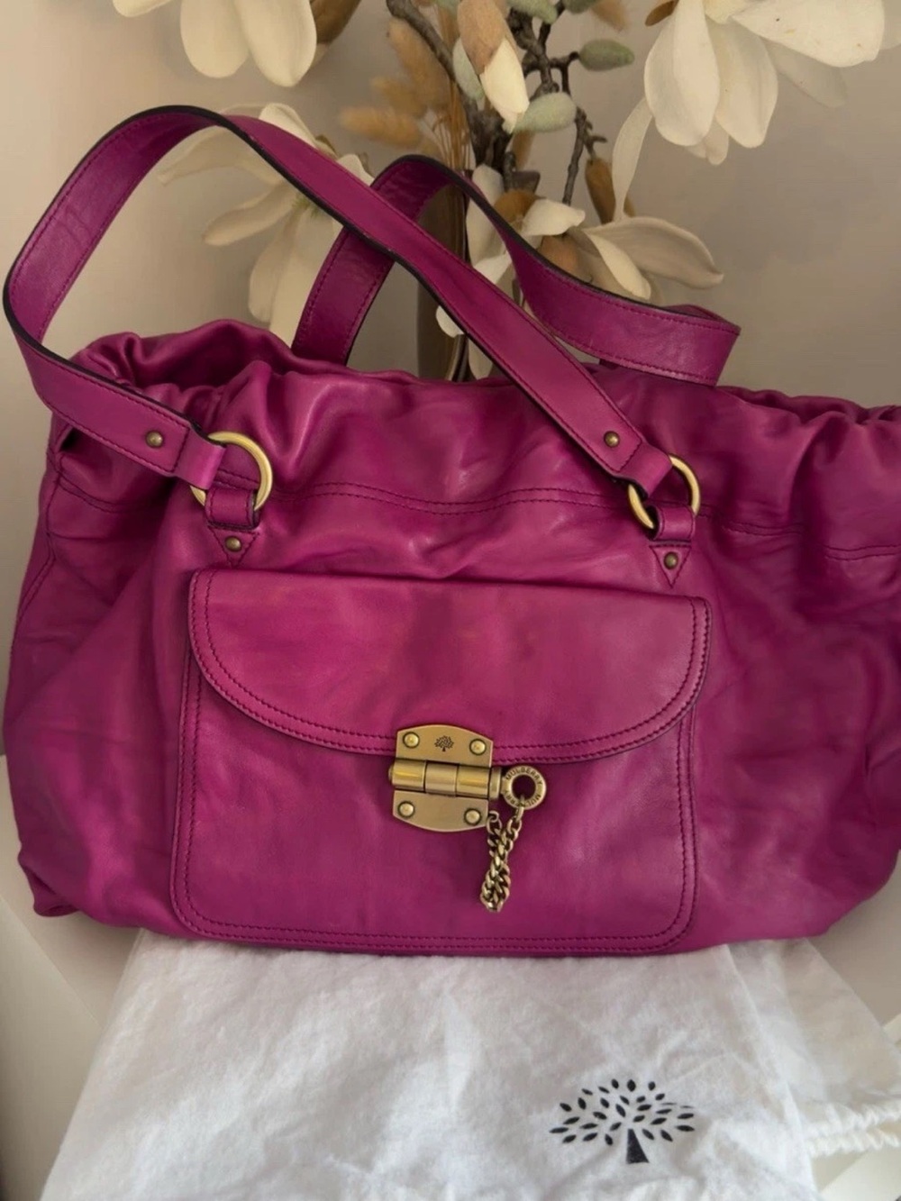 Mulberry Magenta Leather Tote with Gold Hardware